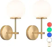 2 Pack battery operated wall sconces with remote control,Gold 6 RGB colors dimmable wall lamp non hardwired design,wall lights fixtures with glass globe shade(With bulbs+remote control+charging cable)