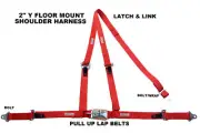 RED 3 POINT RACE HARNESS 2" LATCH & LINK PULL UP LAP BELTS BOLT FLOOR MOUNT