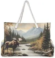 [YXYZRMY] Moose Art Forest Beach Bag for Women Large Beach Tote Bag Zipper for Swim Gym Travel Daily