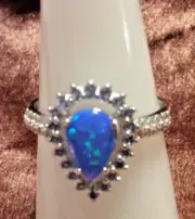Bomb Party She's All Sparkle Ring Lab Azure Blue Fire Opal Rhodium SZ 8 6655