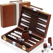 YUJUVI Backgammon Set Suitcase for 2 Players, Classic t 11 Inch Board Game with High-Quality Leather Case, Portable and Travel Backgammon Set (11 Inches, Brown)