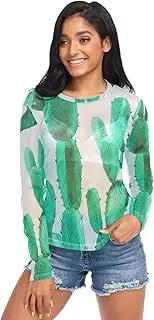 [RPLIFE] Green Cactus Mesh Top Women Long Sleeve, Sheer Rave Top S-XXL