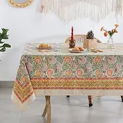 Labhanshi Indian Hand Block Print Rectangle Table Cloth for Kitchen Dining Table|Cotton Floral 8 Seater Picnic Camping Outdoor Table Cover|Christmas Table Cloth Fall Decor 72X108 Inch|Burnt Orange