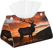 Tissue Box Cover PU Leather Tissue Box Holder Red Deer Bull Elk Sunset Decorative Tissue Box Modern Facial Tissue Case Waterproof Facial Paper Organizer Dispenser for Bathroom Office Car