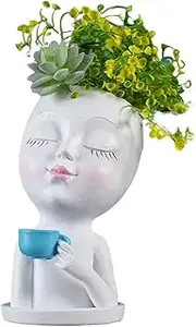 Face Planter Pot, Lady face Plant Pots, Resin Succulent Planter, Cute Resin Girl’s Face Flowerpots, Suitable for Outdoor Indoor Patio Yard Lawn Porch (White)