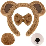 KICOSY Brown Bear Costume for Women Adult Teddy Bear Ears Headband Nose Bowtie and Tail Halloween Chipmunk Ears Costume Adult Animal Cosplay Dress Kit Accessories, Brown