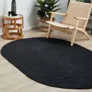 oval Rug 100% braided black jute modern rug living reversible rustic look rug