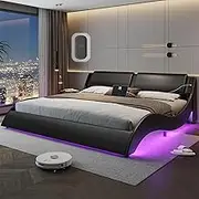 DICTAC King Led Bed Frame with Charging Ports and Headboard King Size Modern Low Profile Platform Bed Frame with LED Lights Wave Like Curve King Led Bed Frame,Wood Slats Support,Easy Assembly,Black