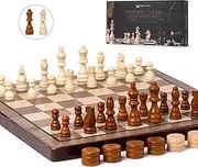 Magnetic Wooden Chess and Checkers Game Set, 15 Inches (2 in 1) Chess Board Games, 2 Extra Queens - Gift Package - Instruction - Carry Bag, Beginner Chess Set for Kids, Adults