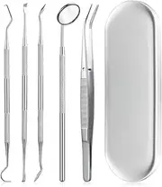 Unikstone Dental Tools, 5 Pcs Professional Teeth Cleaning Tools Stainless Steel Stainless Steel Dental Scaler, Mouth Mirror, Tarter Scraper, Tooth Pick, Tweezers, for Personal & Pet Oral Care Use