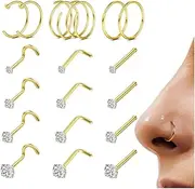 [Sanfenly] 18Pcs Nose Rings Studs - 316L Surgical Steel Gold Nose Studs Double Hoop Nose Ring for Women Men 18G/20G Nose Rings Stud Hypoallergenic Nose/Body Piercing Jewelry 1.5mm 2mm 2.5mm 3mm CZ