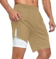 [ZZXXB] Khaki Athletic Shorts for Men with Pockets 2 in 1 Quick Dry Running Shorts