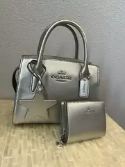 Coach Andrea Carryall Bag Silver/Light Silver CW024 & Snap Wallet CW792 (Set)