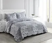 Brilliant Sunshine Grey Flowers Patchwork, 3-Piece Quilt Set with 2 Shams, Reversible Bedspread, Soft Lightweight Coverlet, All-Season, Full/Queen, Grey