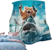 Cat Throw Blanket, Cat Riding Shark Blanket | Cat Riding Shark On The Sea, Soft Bed Throw - Home Decoration For Sofa, Couch, Chair, Large Duvets For Travel Picnics