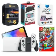 Nintendo Switch White OLED Console + Super Mario Odyssey + Accessory Gamer Kit