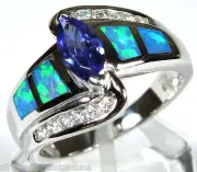 Tanzanite, White Topaz & Blue Fire Opal Inlay 925 Sterling Silver Ring Sz 5-9