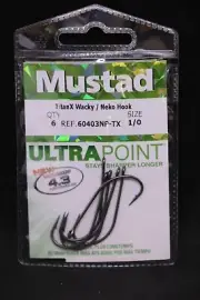 Mustad 60403NP-TX TitanX Wacky Neko Hook - Size 1/0 Pack of 6 Bass Hooks