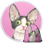 Big Ears Girly Kitty Cat over Pink Round Beach Towel