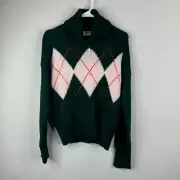 Tommy Hilfiger Sweater Womens Size M Green Argyle Diamond Winter Cowl Neck NWT