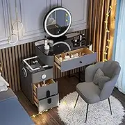 LGYWPA Dressing Table with Mirror and Stool, 3-Colour Dimmable LED Lights, Bedroom Vanity Desk with 3 Drawers, Modern Makeup Vanity Set with Wireless Charging Station and Bluetooth Speaker,Grey