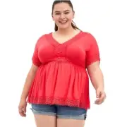 Torrid Top Size 2 / 2X Super Soft Babydoll Lace Trim Button Front Pink Solid
