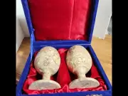 Vintage Marble Onyx Wine Glasses Goblets Stone Cups Set of 2 in Blue Velvet Case