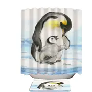 Cute Animal Art Drawings Penguins Holding Hands Shower Curtain