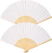 Leikedun 2 Pack White Silk Fabric Hand Fans, Chinese Fan, Folding Hand Fan Handheld Fan for Wedding, Preference, Performance, Dancing,Home Decoration