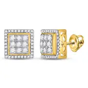 10K Yellow Gold Mens Diamond Square Cluster Earrings 3/4 Ctw