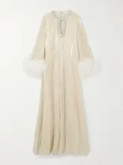 [Self-Portrait] Self-Portrait - Feather-trimmed Crystal-embellished Silk-blend Lamé Maxi Dress - Metallic - UK 4 UK 4 Metallic