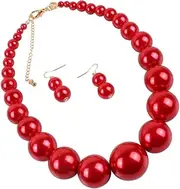 [COLLBATH] 1 Set Pearl Clavicle Necklace Red Pearl Necklace Earrings Elegant Jewelry Accessories Pearl Necklace