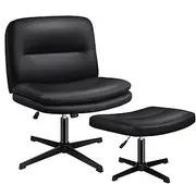 ALFORDSON Ergonomic Armless Criss-Cross Desk Chair with Ottoman Stool, Mid-Back Design, Adjustable Height & Tilt, Swivel, 180kg Max, Pax Black Cross-Legged Office Chair