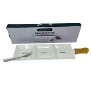 NIB Servappetit Condiment Topping Garnish Bar Set White Ceramic Wood, 15”x5.5”
