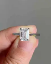 2.00Ct Emerald-Cut Moissanite Solitaire Engagement Ring 14K White Gold Plated