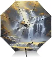 [PDZRMY] Waterfall Forest UV Protection Travel Umbrella Compact for Rain and Sun - Auto Open and Close UPF 50+ Windproof Portable 46” Sun Umbrella for Women and Men