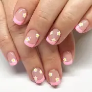 Pink French Tip Press on Nails Short Square Fake Nails French Flower Nails 6