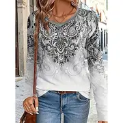 Women's T Shirt Graphic Geometry Vintage Stylish Casual Long Sleeve V Neck Regular Tops Daily Print Gray Spring Fall