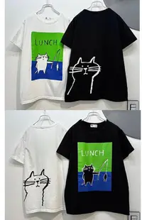 在飛比找Yahoo!奇摩拍賣優惠-正韓korea韓國進口miiica黑色貓咪釣魚短袖T恤棉麻衫
