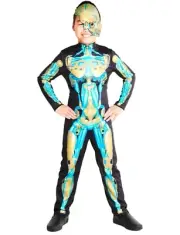 Hyde & EEK Boys Robot Skeleton Jumpsuit & Mask Costume Halloween Blue Gold S 6-7