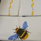 New Place & Time Bumblebee Table Runner Embroidery Wings Cream Gold Blue 14x72"