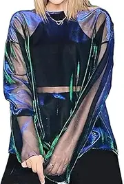 [SHIBAOZI] Women See-Thru Sparkly Cover Up Tops E-Girls Metallic Shiny Oversized Tee Shirts