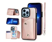 Case for iPhone 13 Pro, Leather Wallet Case With Card Pockets Back Flip Shockproof Cover Case-Rose Gold