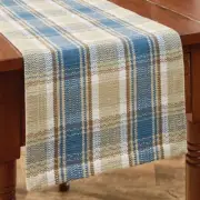 Stone Hollow Cream Blue Plaid Woven Cotton Country Table Runner