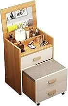 Modern Vanity with HD Reversible Mirror Drawer, Cabinet Storage, Walnut Bedroom Vanity with Stool