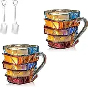 Sollymall Bookhaven Mug 3D Painted Book Mug Glass Book Coffee Cup, Handcrafted Book Stack Design for Book Lovers, Novelty Readers, Librarians, Women and Writers(Glass-2pcs)