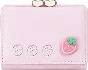 [Farcauo] Cute Pink Small Wallets Coin Purse Minimalist Strawberries Design Women's Travel Wallets Leather Credit Card Holder with ID Window Kawaii Cash Wallet for Women Ladies