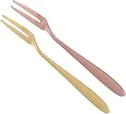Cabilock 2pcs Stainless Steel Dessert Forks Two Tines Mini Appetizer Forks for Cakes and Fruits and and Rose Gold Finish for Weddings and Parties