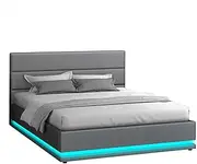 ALFORDSON Bed Frame King Size with LED Light & Gas Lift Storage Base, Bed Platform Foundation with Linen Fabric Tufted Headboard for Mattress Topper, Max 350kg, Bertold Fabric Grey