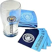 Manchester City FC Official Wordmark Mini Football Bar Set (Pint Glass, Towel & Beer Mats) (UK Size: One Size) (Navy/Blue)